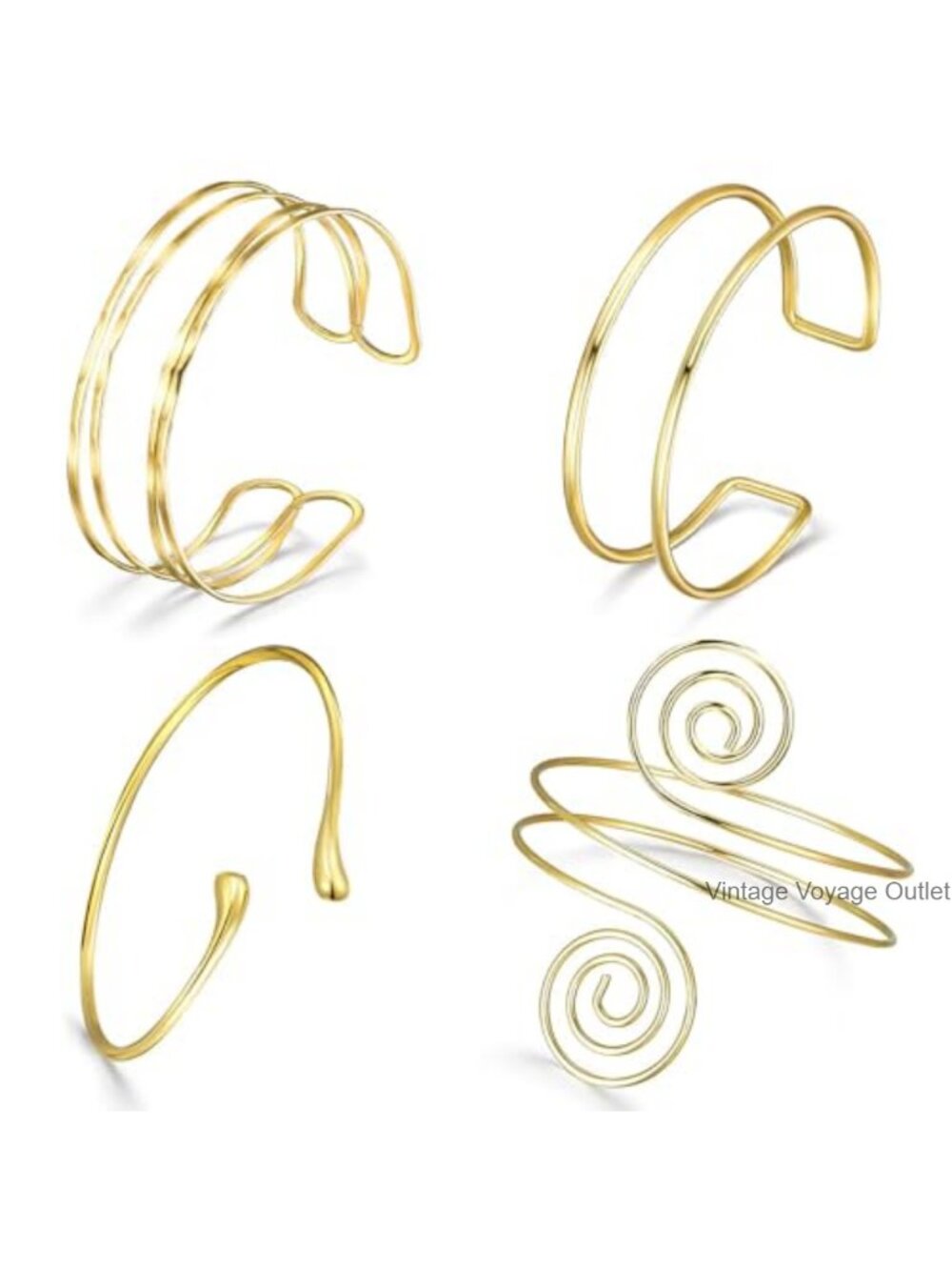 18K Gold Plated Brass Adjustable Cuff Bracelet Set 4 Pc Stackable Arm Cuffs